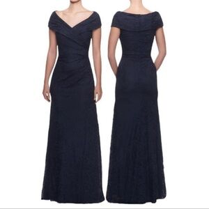 La Femme Portrait Neck Navy Lace Gown 8